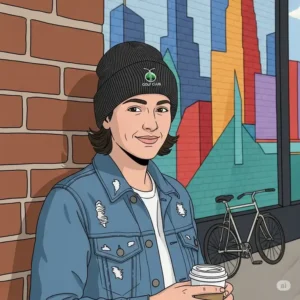 Illustration of someone wearing a golf beanie in a casual setting, demonstrating its versatility beyond the golf course.