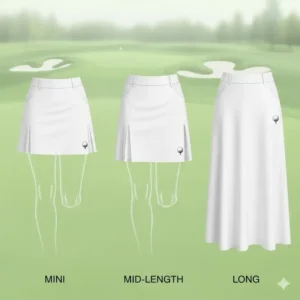 A graphic illustrating the different lengths available for a white golf skirt, helping golfers choose the perfect style for their needs.
