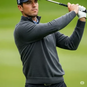 A golfer in a flexible golf quarter zip sweater mid-swing, illustrating the garment's freedom of movement.