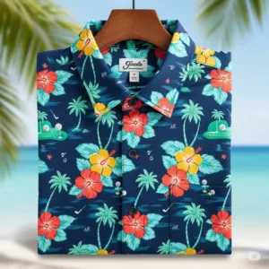 A brand new, neatly folded Hawaiian golf shirt on a hanger, ready for a tropical getaway.