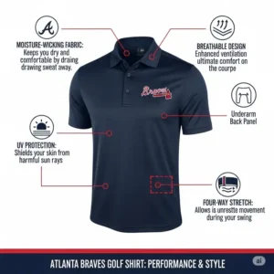 An infographic illustrating the key features of the atlanta braves golf shirt, such as moisture-wicking fabric and UV protection.