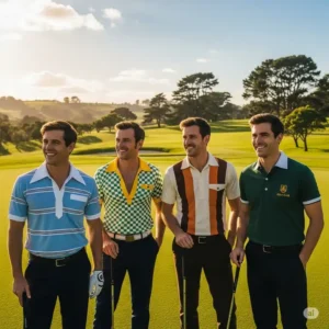 A group of men on a golf course, all wearing different styles of vintage golf polos.