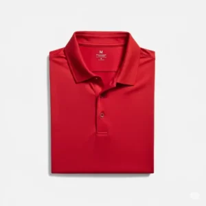 A clean product shot of a men's red golf polo shirt on a white background, highlighting its design and color.