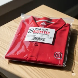 The new Ohio State golf shirt is shown neatly folded and packaged for delivery.