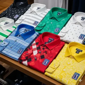 A collection of different colored and styled PGA Tour golf shirts arranged neatly, displaying the variety available.