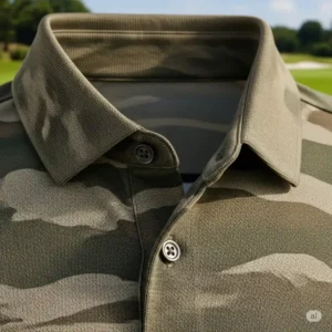 A close-up view of the collar and button placket on a polo-style camo golf shirt.