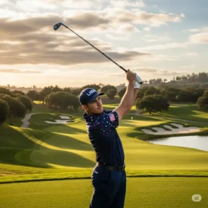 A professional golfer wearing a new american flag golf shirt while swinging on a course.