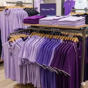 purple polo golf shirt on a retail store rack.