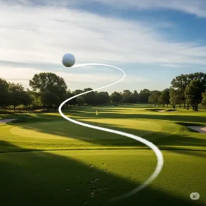 An image showing the flight path of a golf ball with a slight draw or hook, a common result of a powerful swing produced by a strong golf grip.