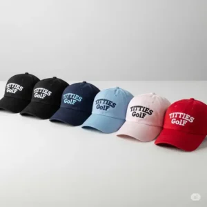 A group of "titties golf hat" lined up, showcasing various color options like black, pink, and blue. This image is great for product pages to show customers the available choices.