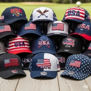 A collection of different styles of usa golf hat, including snapback and fitted designs.