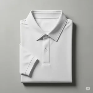 A perfectly folded white golf polo, ready for travel or storage, emphasizing its low-maintenance and wrinkle-resistant properties.