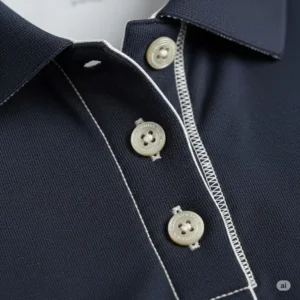 A detailed image of the durable stitching and high-quality buttons on a premium women's golf polo.