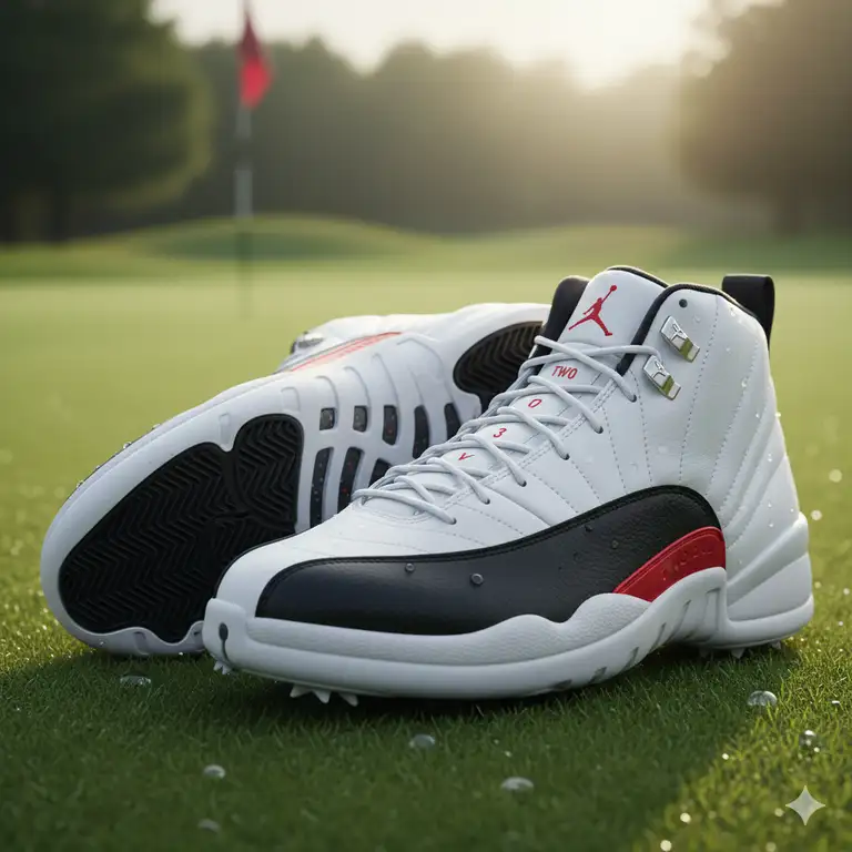 Air Jordan 12 golf shoes on a putting green, showcasing their iconic design and performance features for golfers.