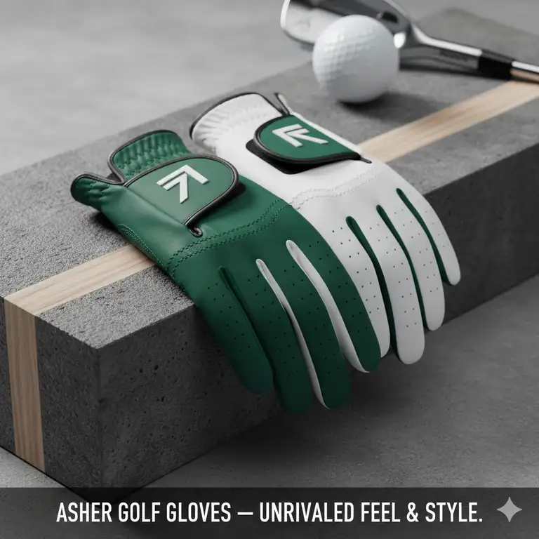 Premium Asher golf gloves in a stylish color, ready for the course, offering enhanced grip and comfort for serious golfers.