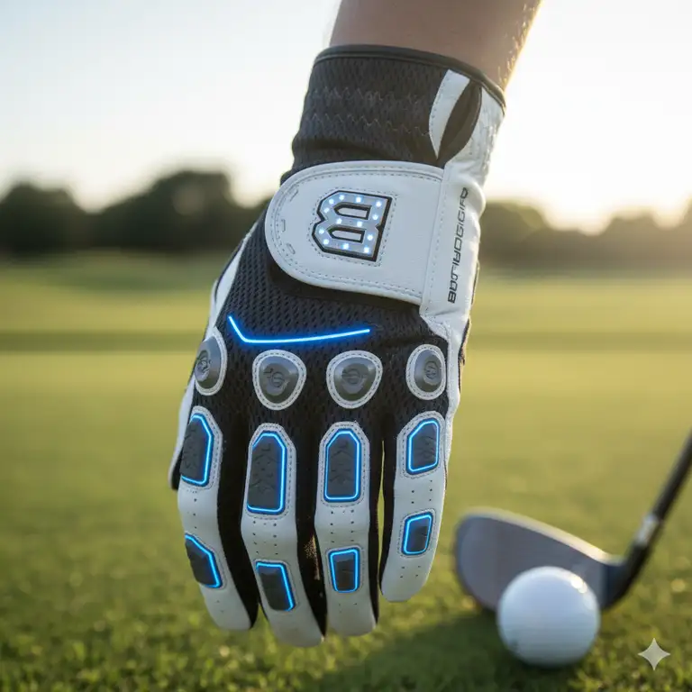 Close-up of a high-tech bionic golf glove featuring advanced grip technology and ergonomic design, enhancing performance for golfers.