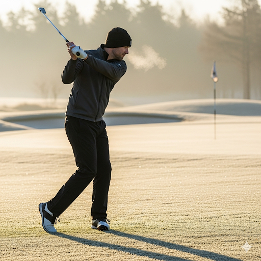 A male golfer wearing black cold weather golf pants, a dark jacket, and a beanie, swinging a golf club on a frosty morning course.