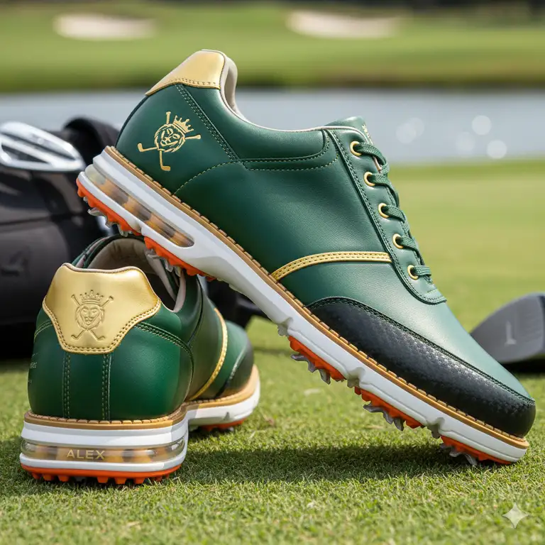 A close-up of stylish custom golf shoes with personalized colors and a unique design, showcasing their premium craftsmanship.