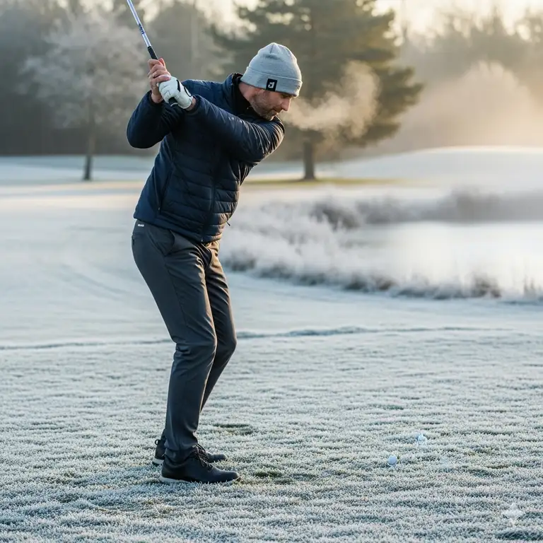 A man in stylish winter golf attire, including a warm jacket and beanie, swinging a golf club on a frosty course.