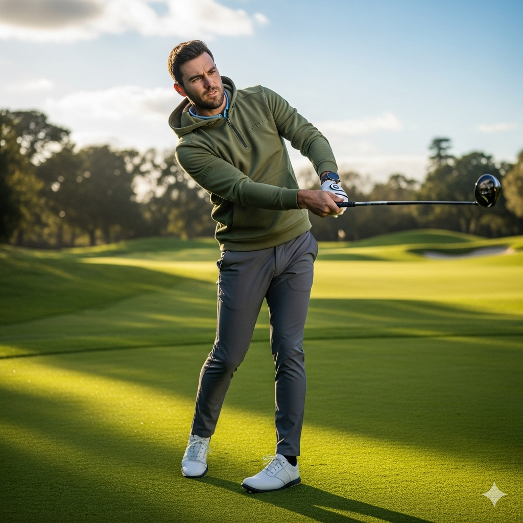 A male golfer wearing a stylish, functional golf hoodie on the green, swinging a golf club.