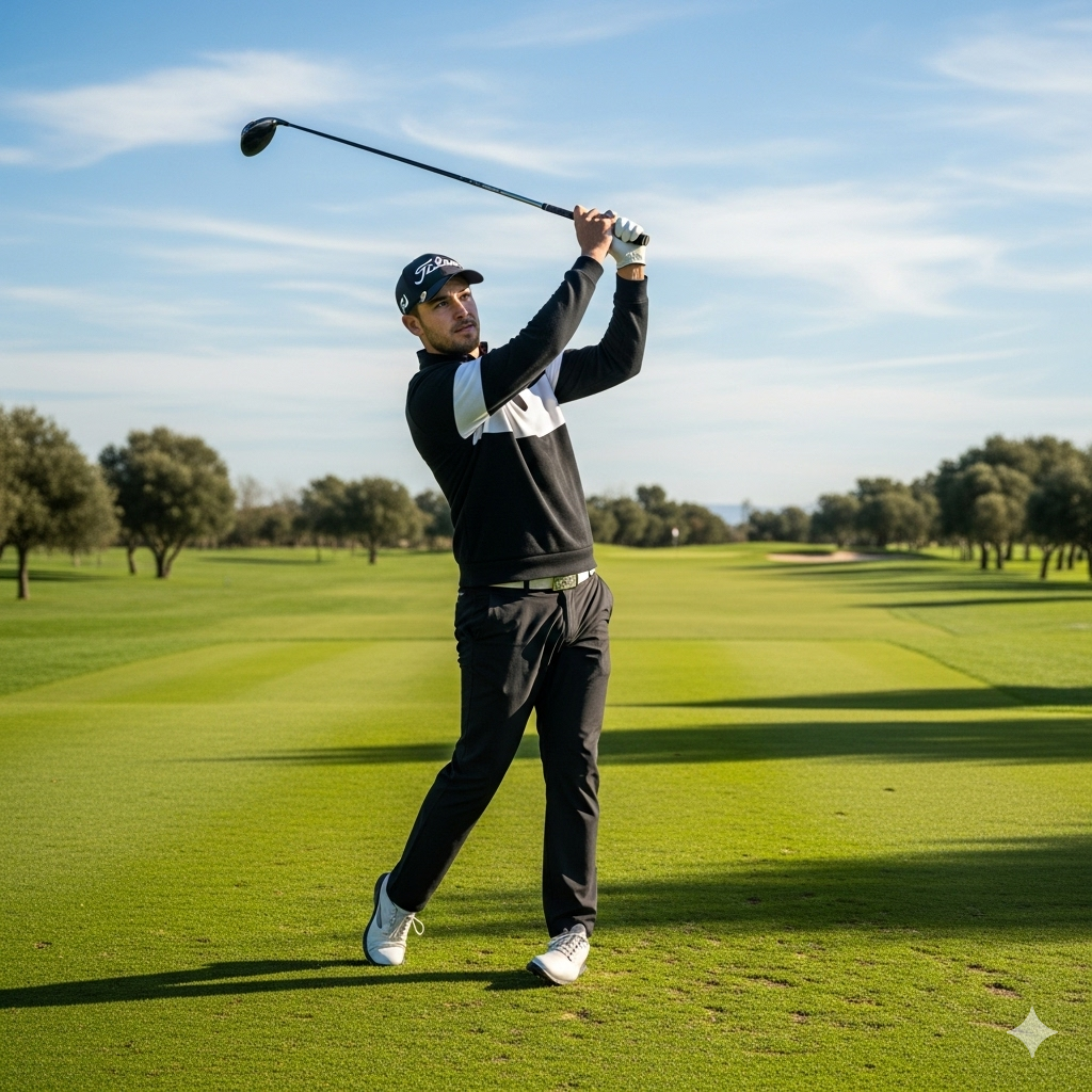 A golfer in a stylish black and white golf sweatshirt is shown mid-swing on a lush green golf course, with the fairway and a clear blue sky in the background.