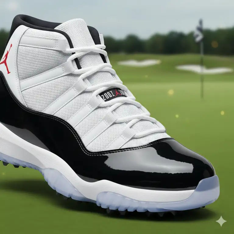 A close-up shot showcasing the iconic design of the jordan 11 golf shoes, perfect for the course.