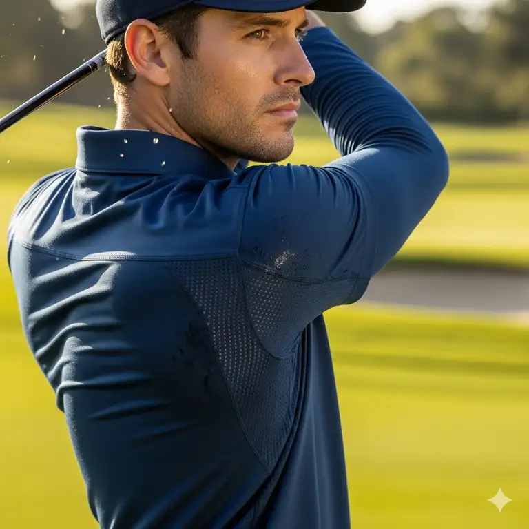 A close-up shot of a man wearing a high-performance golf long sleeve polo, showcasing the fabric's stretch and breathability on a golf course.