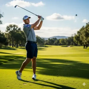 A professional golfer on the PGA Tour wearing performance golf shorts PGA Tour style, swinging on a sunny fairway.