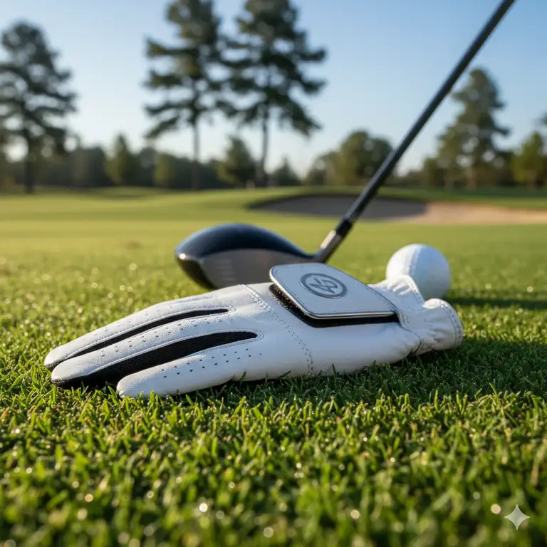 A close-up view of a premium white right hand golf glove resting on the green grass of a golf course, ready for play.