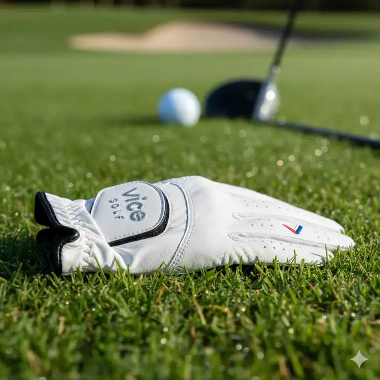 Close-up of a Vice golf glove on a golf course, showcasing its premium texture and fit.