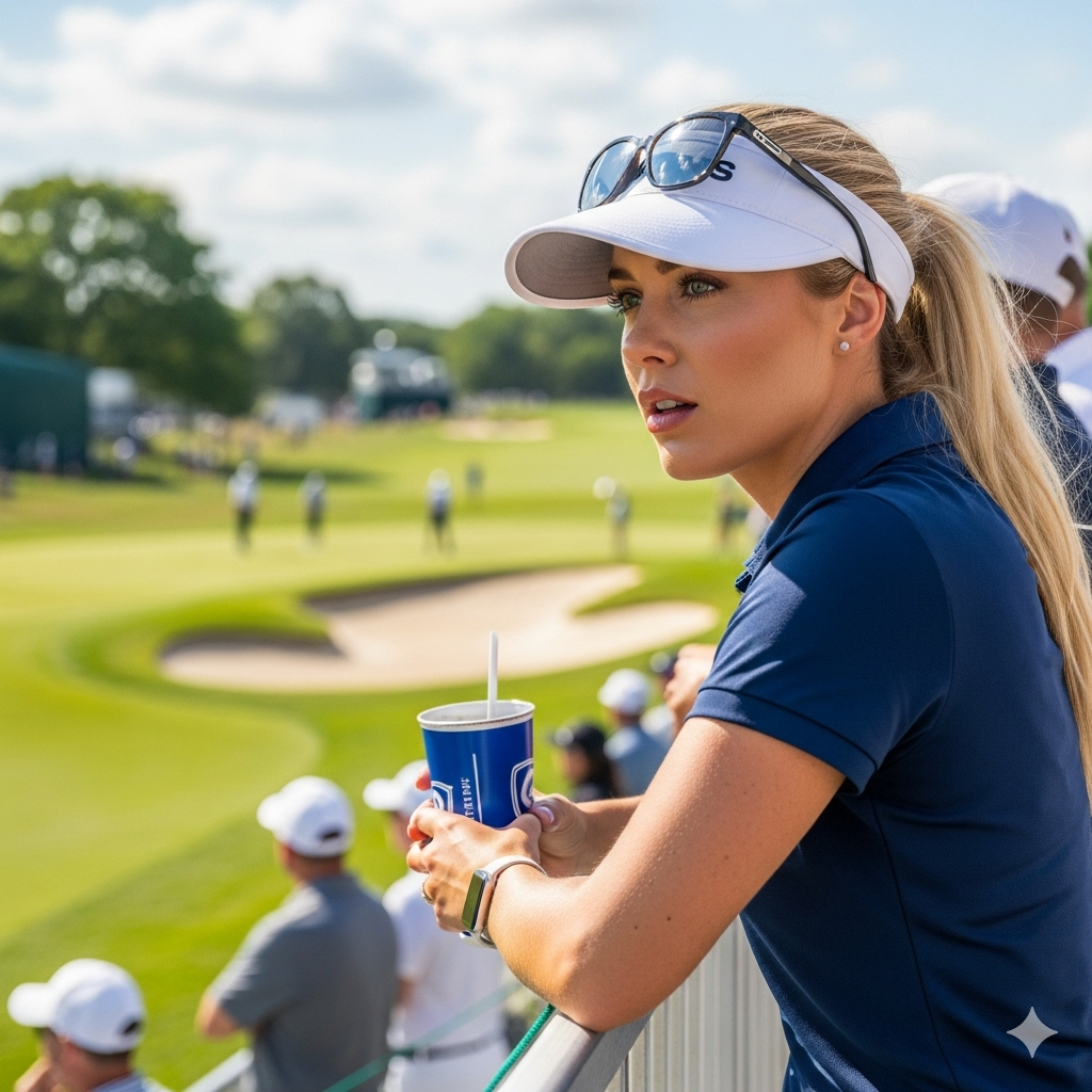 A woman in a stylish golf polo and sun visor watches a golf tournament from the gallery.