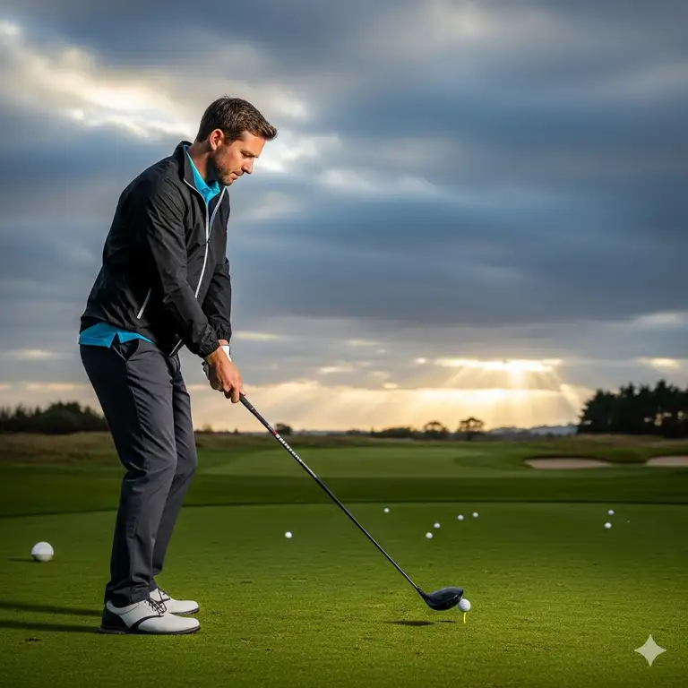 A golfer wearing a black wind jackets golf with a golf club in hand, standing on the green with a cloudy sky in the background, ready to hit the ball.