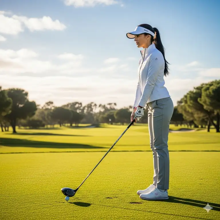 A stylish woman in a white golf jacket and visor stands on a sunny golf course, ready to tee off.womens golf jackets