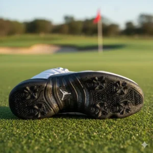 Close-up of the sole of Air Jordan 12 golf shoes, highlighting the advanced traction pattern designed for stability on the course. 