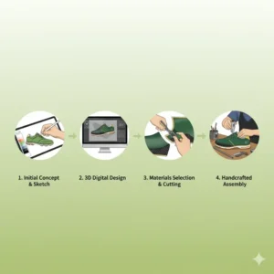 An illustration depicting the step-by-step design process for creating custom golf shoes, from initial concept to final touches. 