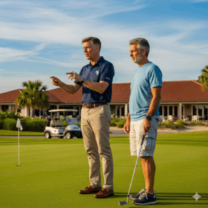 Two men, one in a classic polo and slacks and the other in more casual shorts, discuss the tournament. 