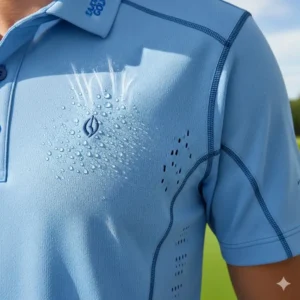 A detailed image of a moisture-wicking golf long sleeve polo, highlighting its technical features designed to keep the wearer dry during a game.
