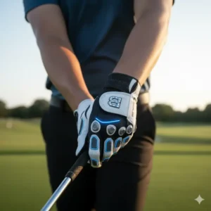  A golfer swinging a club while wearing a bionic golf glove, demonstrating improved grip and comfort during a game. 