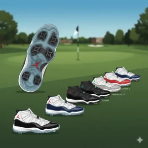 Full side profile view of a jordan 11 golf shoes, highlighting its sleek silhouette and classic details.