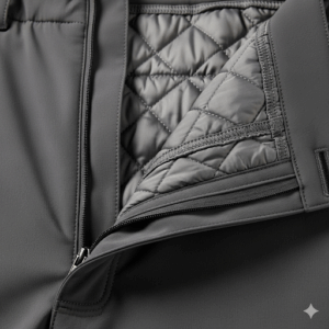 A close-up shot of the fabric of men’s insulated golf pants, showing the quilted or thermal lining designed for warmth.