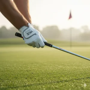 Golfer wearing a white Vice golf glove, highlighting its comfortable design and flexible material.