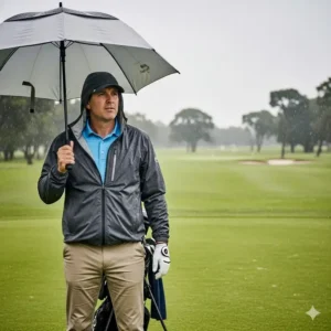 A man in a waterproof wind jackets golf, holding an umbrella on a rainy day, looking at the course.