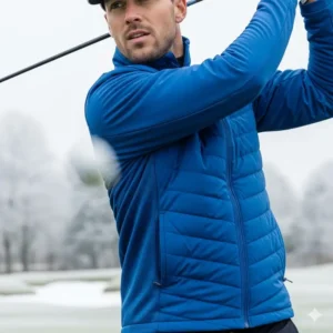A close-up of a man wearing a waterproof, insulated jacket designed for playing golf in cold weather.