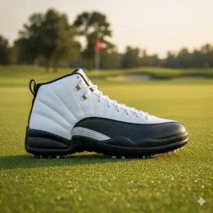 Side profile view of the Air Jordan 12 golf shoes, emphasizing its classic basketball-inspired design adapted for golf. 