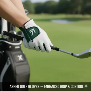 Golfer wearing an Asher golf glove, demonstrating a firm and comfortable grip on a golf club for improved performance.