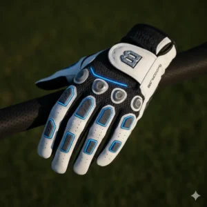 Detailed view of the palm of a bionic golf glove, highlighting the strategic padding and material for enhanced feel and control.