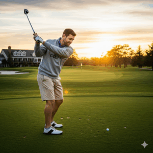 A man casually enjoying a round of golf while wearing a comfortable grey golf sweatshirt, paired with khaki shorts.