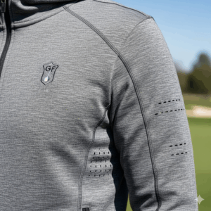 A close-up shot of a golf hoodie, highlighting the performance fabric and moisture-wicking technology.