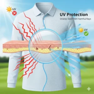  A graphic illustrating the UV protection properties of a golf long sleeve polo, demonstrating how it shields the skin from the sun's harmful rays.