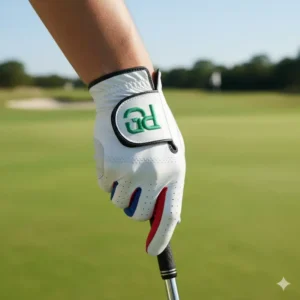 A close-up shot illustrating a golfer's hand firmly gripping a golf club while wearing a personalized custom golf glove, demonstrating enhanced grip and comfort.